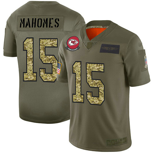 Chiefs #15 Patrick Mahomes Olive Camo Men's Stitched Football Limited 2019 Salute To Service Jersey