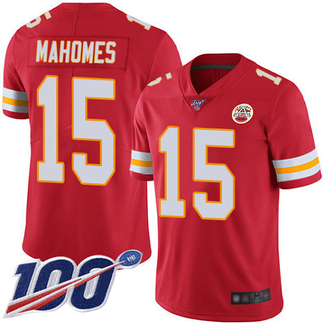 Chiefs #15 Patrick Mahomes Red Team Color Youth Stitched Football 100th Season Vapor Limited Jersey