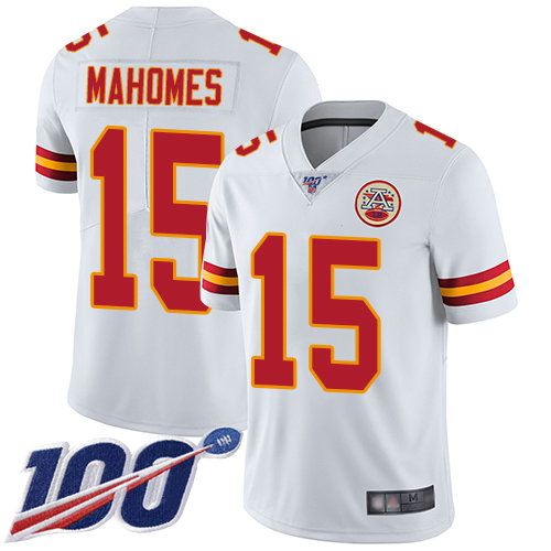 Chiefs #15 Patrick Mahomes White Youth Stitched Football 100th Season Vapor Limited Jersey
