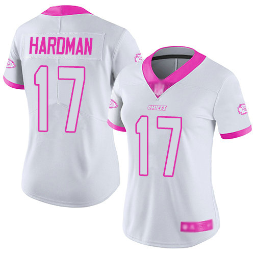 Chiefs #17 Mecole Hardman White Pink Women's Stitched Football Limited Rush Fashion Jersey