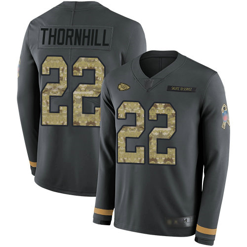 Chiefs #22 Juan Thornhill Anthracite Salute to Service Men's Stitched Football Limited Therma Long Sleeve Jersey
