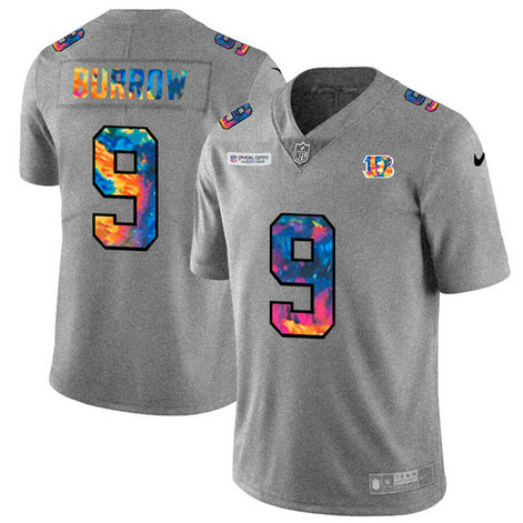 Cincinnati Bengals #9 Joe Burrow Men's Nike Multi-Color 2020 NFL Crucial Catch NFL Jersey Greyheather