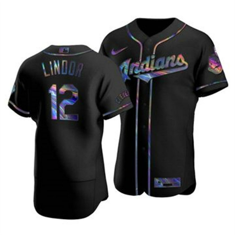 Cleveland Indians #12 Francisco Lindor Men's Nike Iridescent Holographic Collection MLB Jersey - Black