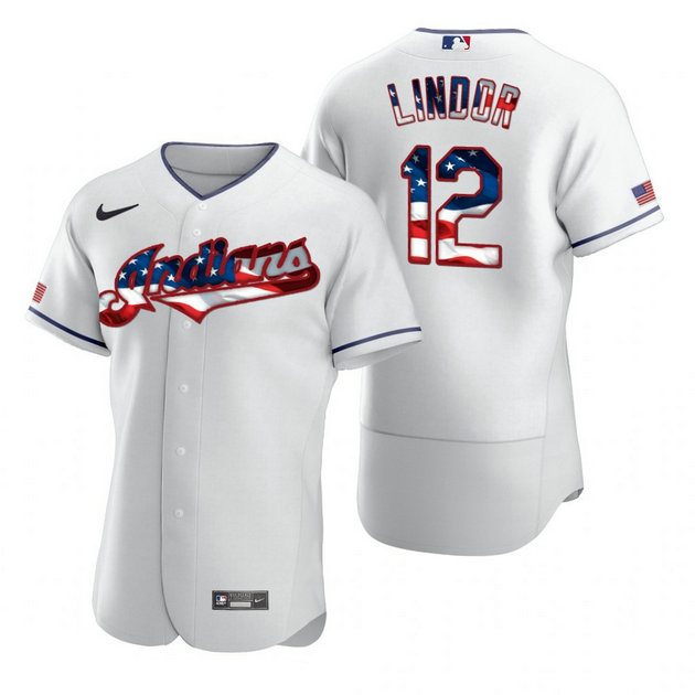 Cleveland Indians #12 Francisco Lindor Men's Nike White Fluttering USA Flag Limited Edition Authentic MLB Jersey