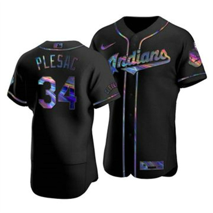 Cleveland Indians #34 Zach Plesac Men's Nike Iridescent Holographic Collection MLB Jersey - Black