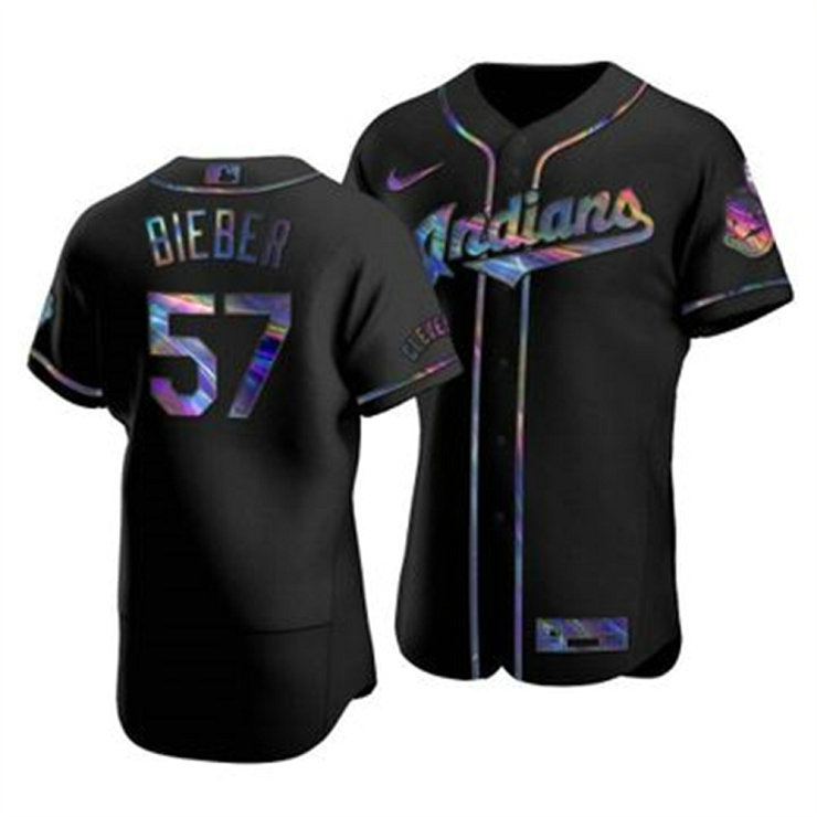 Cleveland Indians #57 Shane Bieber Men's Nike Iridescent Holographic Collection MLB Jersey - Black
