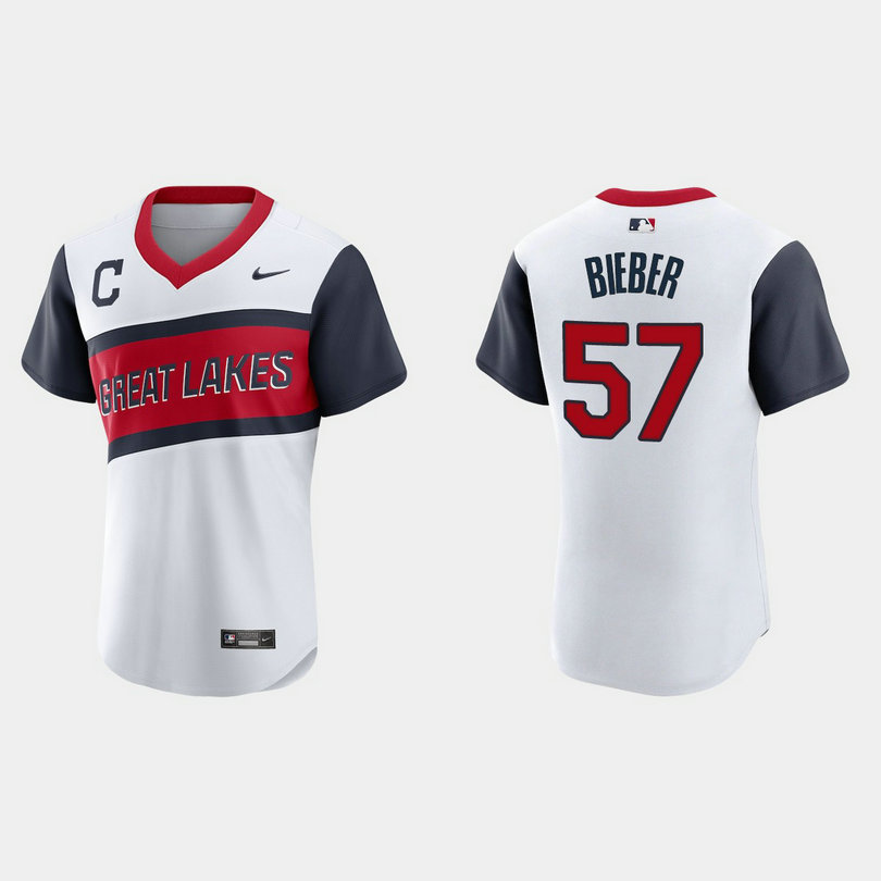 Cleveland Indians #57 Shane Bieber Men's Nike White 2021 Little League Class Authentic MLB Jersey