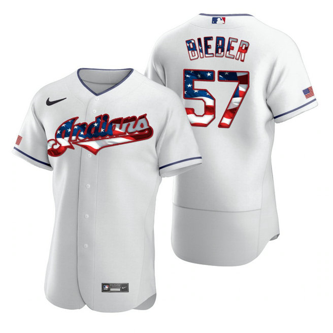 Cleveland Indians #57 Shane Bieber Men's Nike White Fluttering USA Flag Limited Edition Authentic MLB Jersey