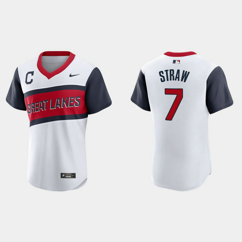 Cleveland Indians #7 Myles Straw Men's Nike White 2021 Little League Class Authentic MLB Jersey