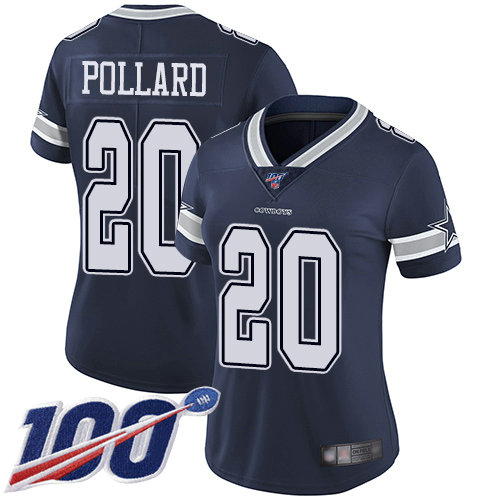 Cowboys #20 Tony Pollard Navy Blue Team Color Women's Stitched Football 100th Season Vapor Limited Jersey