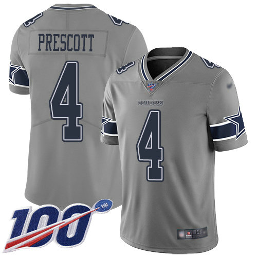 Cowboys #4 Dak Prescott Gray Youth Stitched Football Limited Inverted Legend 100th Season Jersey