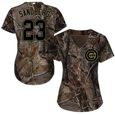 Cubs #23 Ryne Sandberg Camo Realtree Collection Cool Base Women's Stitched Baseball Jersey