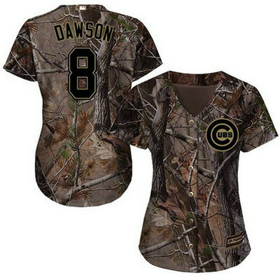 Cubs #8 Andre Dawson Camo Realtree Collection Cool Base Women's Stitched Baseball Jersey
