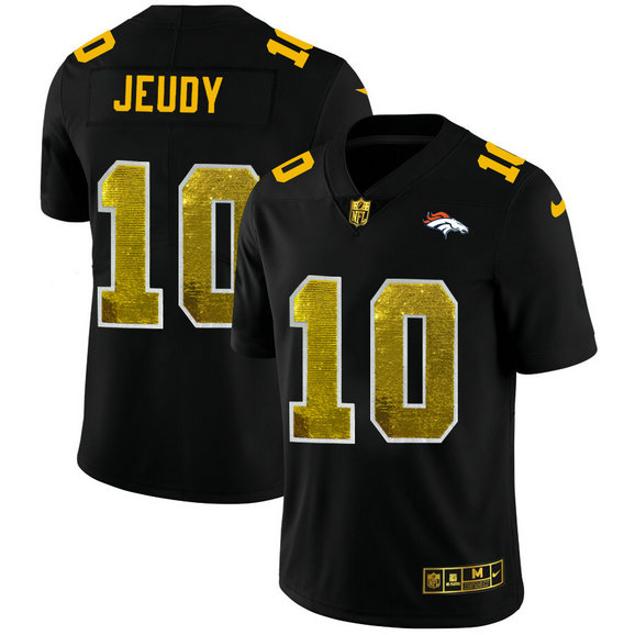 Denver Broncos #10 Jerry Jeudy Men's Black Nike Golden Sequin Vapor Limited NFL Jersey