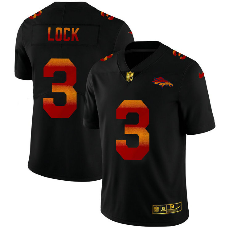 Denver Broncos #3 Drew Lock Men's Black Nike Red Orange Stripe Vapor Limited NFL Jersey
