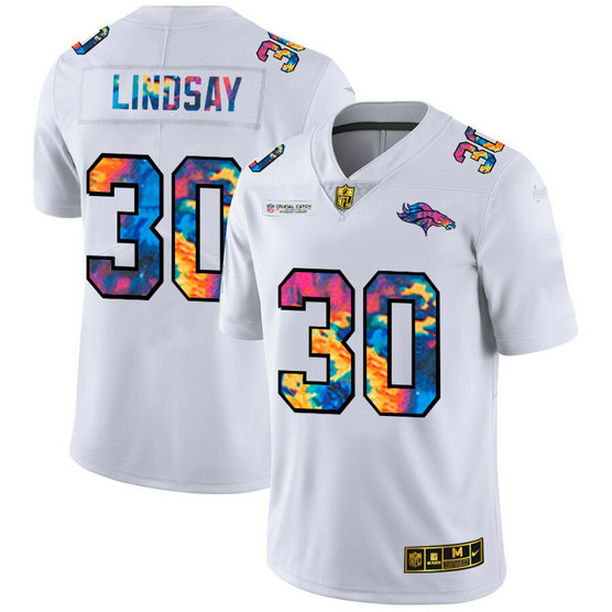 Denver Broncos #30 Phillip Lindsay Men's White Nike Multi-Color 2020 NFL Crucial Catch Limited NFL Jersey