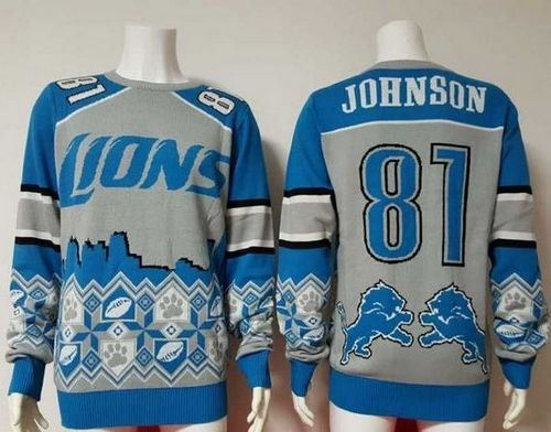 Detroit Lions 81 Calvin Johnson Blue Grey Ugly Sweater