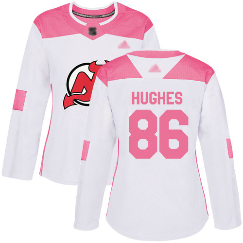 Devils #86 Jack Hughes White Pink Authentic Fashion Women's Stitched Hockey Jersey