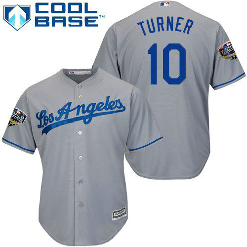 Dodgers #10 Justin Turner Grey Cool Base 2018 World Series Stitched Youth MLB Jersey