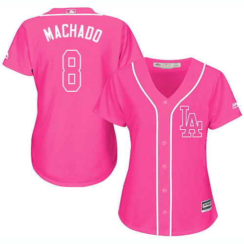 Dodgers #8 Manny Machado Pink Fashion Women's Stitched Baseball Jersey