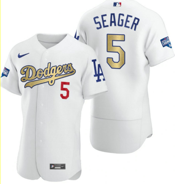 Dodgers 5 Corey Seager White Gold Nike 2020 World Series Champions Flexbase Jersey