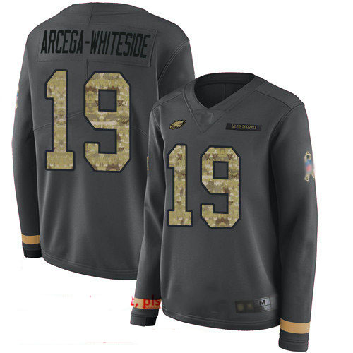Eagles #19 JJ Arcega-Whiteside Anthracite Salute to Service Women's Stitched Football Limited Therma Long Sleeve Jersey