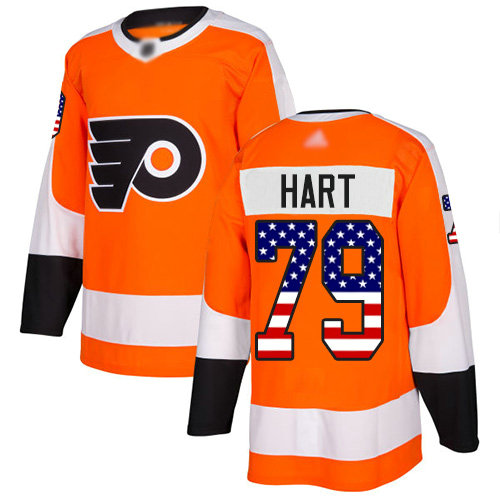Flyers #79 Carter Hart Orange Home Authentic USA Flag Stitched Hockey Jersey