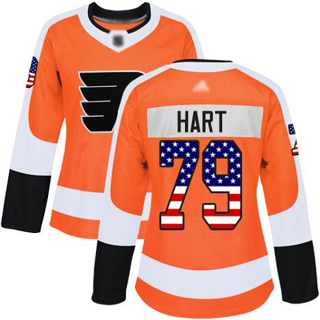 Flyers #79 Carter Hart Orange Home Authentic USA Flag Women's Stitched Hockey Jersey