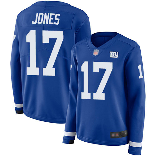 Giants #17 Daniel Jones Royal Blue Team Color Women's Stitched Football Limited Therma Long Sleeve Jersey