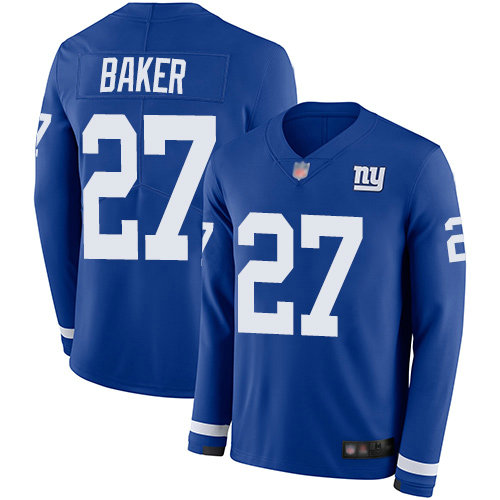 Giants #27 Deandre Baker Royal Blue Team Color Men's Stitched Football Limited Therma Long Sleeve Jersey