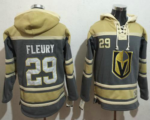 Golden Knights #29 Marc Andre Fleury Grey Gold Name  Number Pullover NHL Hoodie