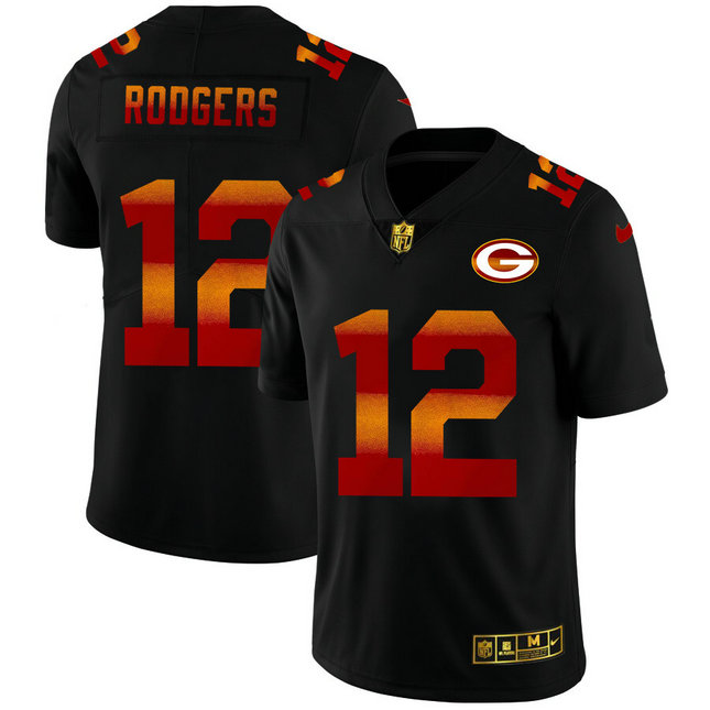 Green Bay Packers #12 Aaron Rodgers Men's Black Nike Red Orange Stripe Vapor Limited NFL Jersey