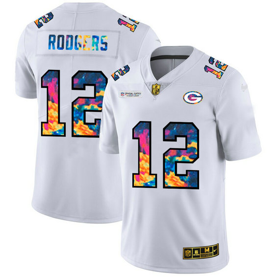 Green Bay Packers #12 Aaron Rodgers Men's White Nike Multi-Color 2020 NFL Crucial Catch Limited NFL Jersey