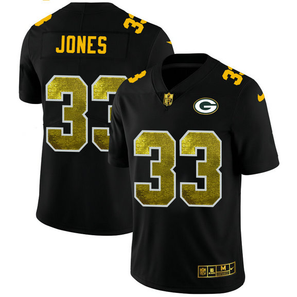 Green Bay Packers #33 Aaron Jones Men's Black Nike Golden Sequin Vapor Limited NFL Jersey