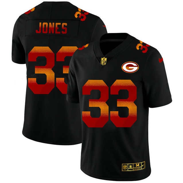 Green Bay Packers #33 Aaron Jones Men's Black Nike Red Orange Stripe Vapor Limited NFL Jersey