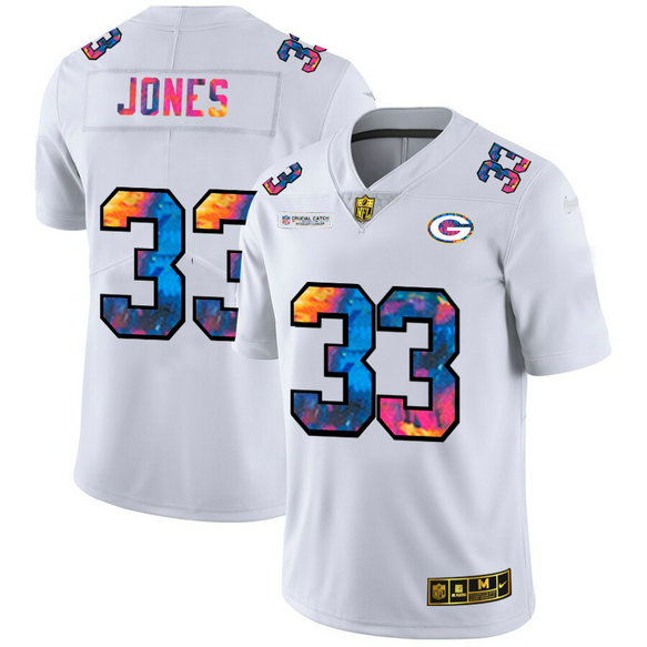 Green Bay Packers #33 Aaron Jones Men's White Nike Multi-Color 2020 NFL Crucial Catch Limited NFL Jersey
