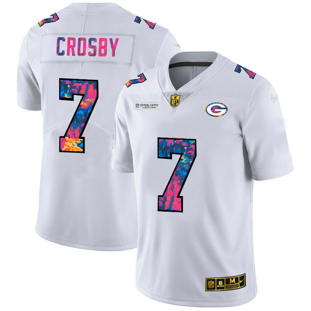 Green Bay Packers #7 Mason Crosby Men's White Nike Multi-Color 2020 NFL Crucial Catch Limited NFL Jersey