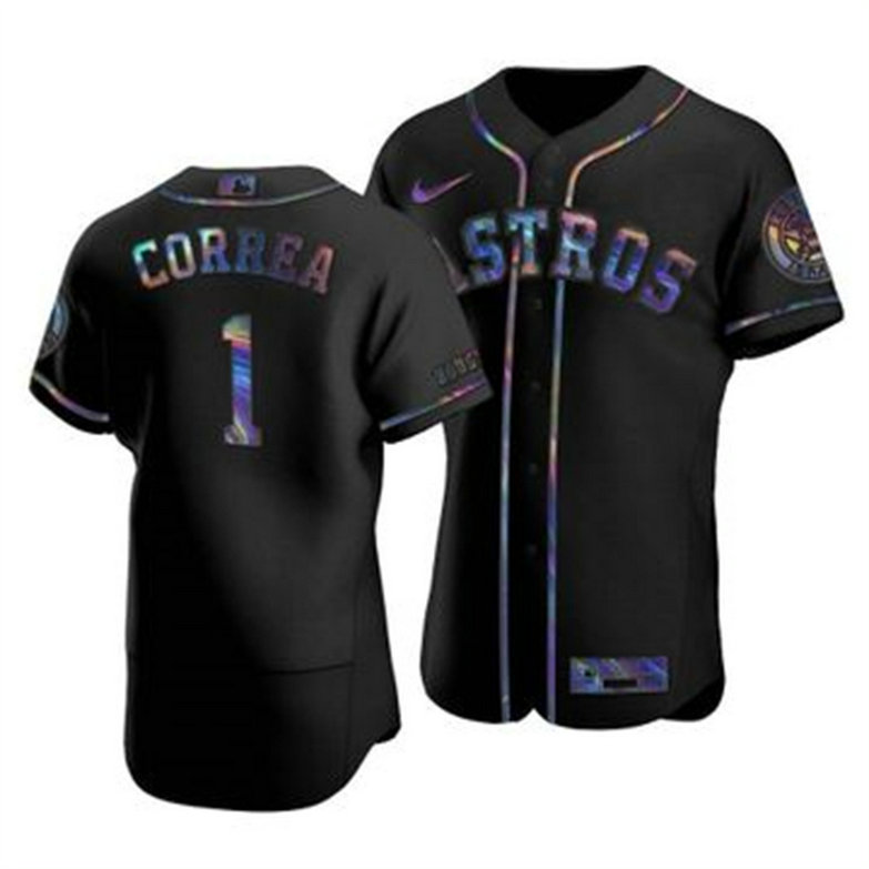 Houston Astros #1 Carlos Correa Men's Nike Iridescent Holographic Collection MLB Jersey - Black