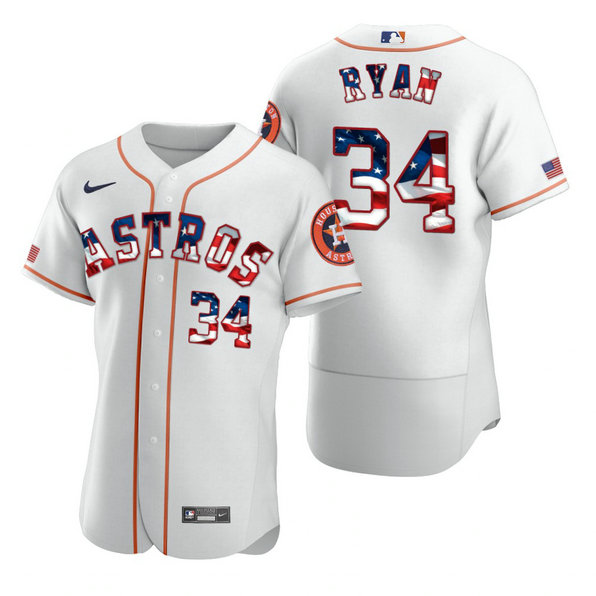 Houston Astros #34 Nolan Ryan Men's Nike White Fluttering USA Flag Limited Edition Authentic MLB Jersey