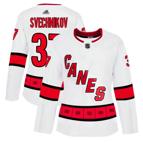 Hurricanes #37 Andrei Svechnikov White Road Authentic Women's Stitched Hockey Jersey