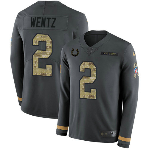 Indianapolis Colts #2 Carson Wentz Anthracite Salute to Service Men's Stitched NFL Limited Therma Long Sleeve Jersey