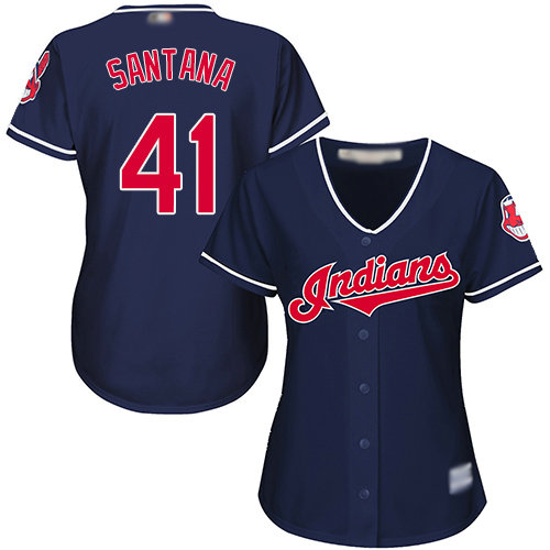 Indians #41 Carlos Santana Navy Blue Alternate Women's Stitched Baseball Jersey