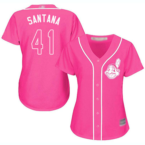 Indians #41 Carlos Santana Pink Fashion Women's Stitched Baseball Jersey