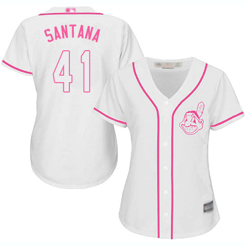 Indians #41 Carlos Santana White Pink Fashion Women's Stitched Baseball Jersey
