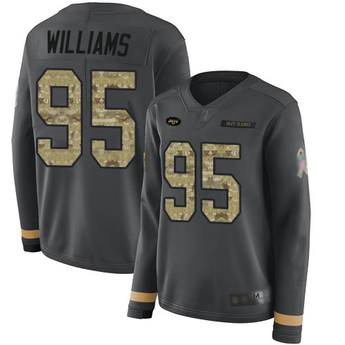 Jets #95 Quinnen Williams Anthracite Salute to Service Women's Stitched Football Limited Therma Long Sleeve Jersey