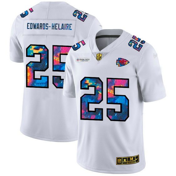 Kansas City Chiefs #25 Clyde Edwards-Helaire Men's White Nike Multi-Color 2020 NFL Crucial Catch Limited NFL Jersey