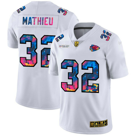 Kansas City Chiefs #32 Tyrann Mathieu Men's White Nike Multi-Color 2020 NFL Crucial Catch Limited NFL Jersey