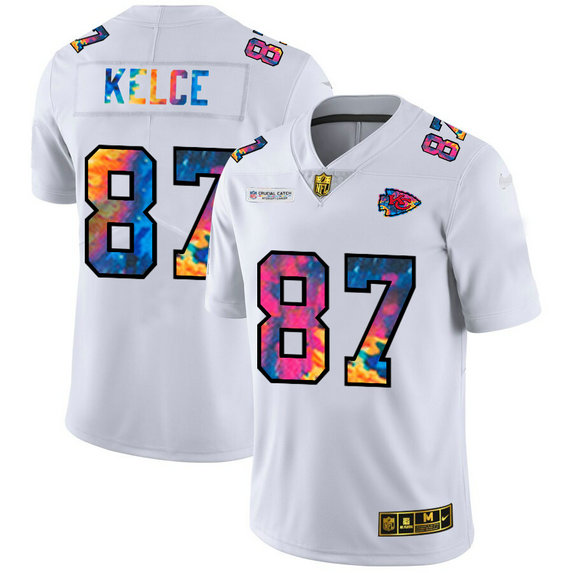 Kansas City Chiefs #87 Travis Kelce Men's White Nike Multi-Color 2020 NFL Crucial Catch Limited NFL Jersey