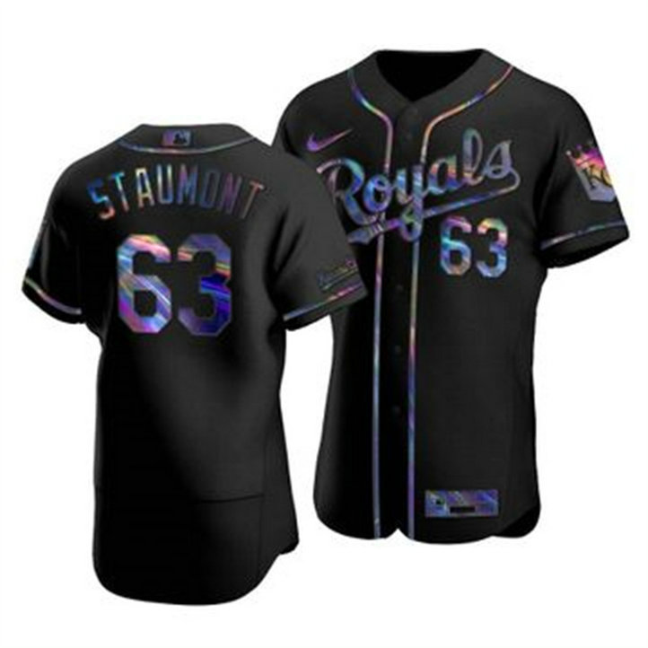 Kansas City Royals #63 Josh Staumont Men's Nike Iridescent Holographic Collection MLB Jersey - Black