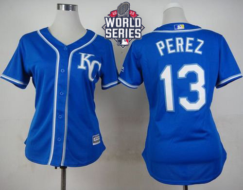 Kansas City Royals 13 Salvador Perez Blue Alternate 2015 World Series Patch Women MLB Jersey